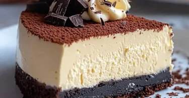 Delicious Baileys Irish Cream cheesecake topped with chocolate shavings