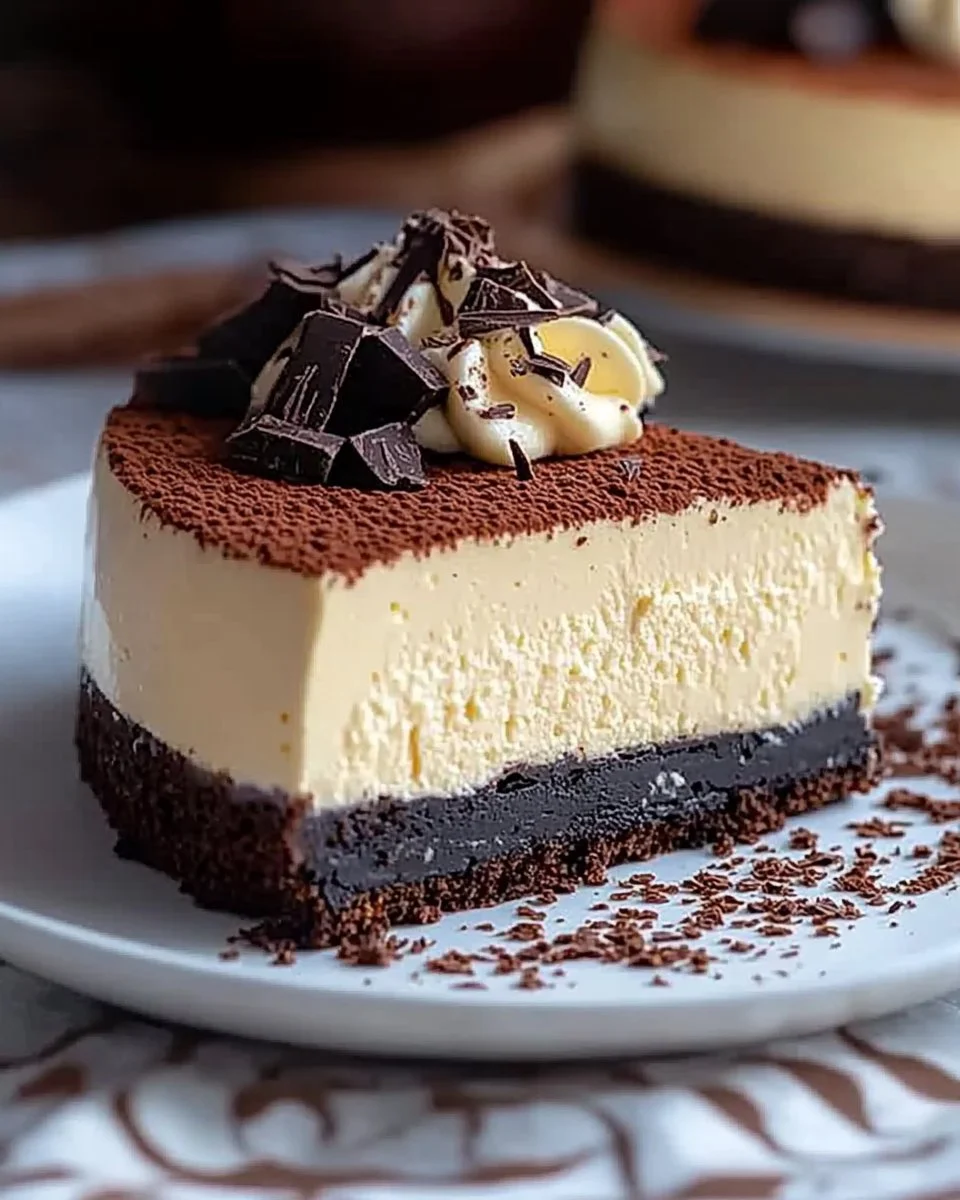 Delicious Baileys Irish Cream cheesecake topped with chocolate shavings
