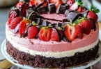 Chocolate covered strawberry cheesecake layer cake with layers of creamy cheesecake