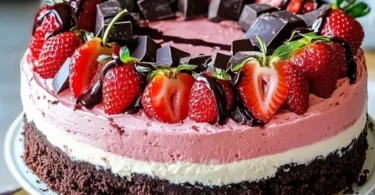 Chocolate covered strawberry cheesecake layer cake with layers of creamy cheesecake