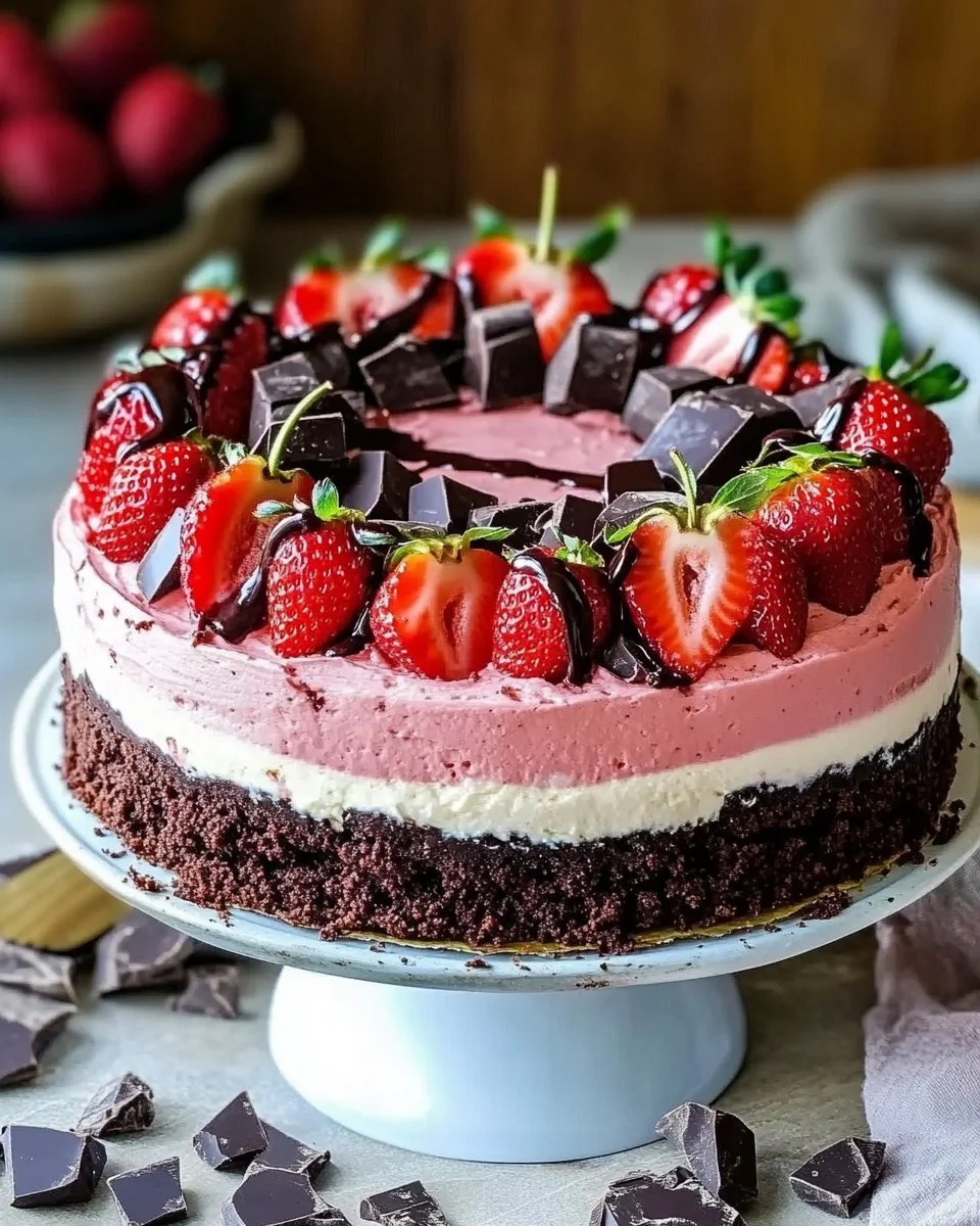 Chocolate covered strawberry cheesecake layer cake with layers of creamy cheesecake