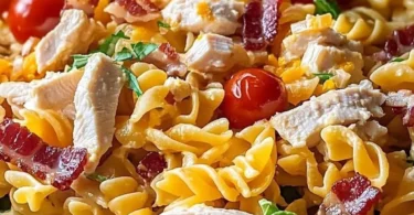 Bowl of Easy Chicken Club Pasta Salad with fresh ingredients and dressing