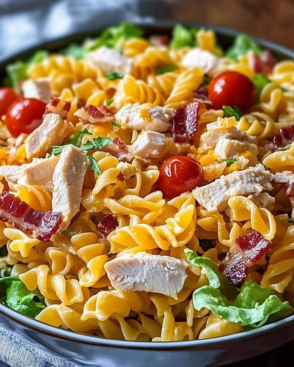 Bowl of Easy Chicken Club Pasta Salad with fresh ingredients and dressing