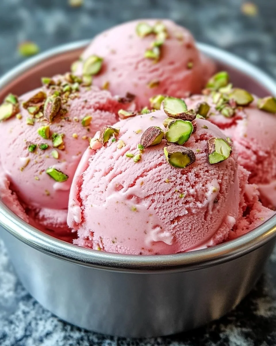 Scoop of watermelon pistachio ice cream in a waffle cone with fresh toppings